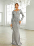 Glittering Sequin Bridesmaid Evening Dress - Flawless V Neck, Stretch Bodycon, Long Sleeves - Glamorous Gown for Parties & Banquets - Womens Formal Attire