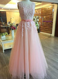 tmallworld Pink Sleeves O Back with Applique, Cute Tulle Long Prom Dress, Junior Party Dresses