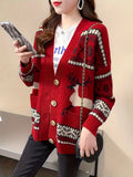 Plus Size Knitted Christmas Deer Pattern Cardigan, Casual Long Sleeve With Pockets, Button Front Women's Clothing