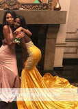 Yellow Velvet Long Mermaid Prom Dresses Black Girls' Halter Lace Appliques Backless Sweep Train Evening Gowns BC0829