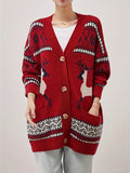 Plus Size Knitted Christmas Deer Pattern Cardigan, Casual Long Sleeve With Pockets, Button Front Women's Clothing