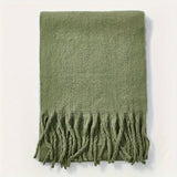 Simple Green Tassel Chunky Scarf, Leisure Style Thick Warm Shawl, Winter Coldproof Windproof Long Scarf For Women