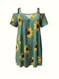 Plus Size Sunflower Print Cold Shoulder Dress with Chain Detail - Flattering & Trendy Short Sleeve Style for Effortless Spring & Summer Fashion - Womens Plus Sizes