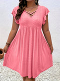 Plus Size Criss Cross Dress - Stunning Eyelet Cut-Out, Flowy Flutter Sleeve, Above Knee Length, Casual Spring & Summer Dress for Women - Designed for Plus Size Women, Part of Our Plus Size Clothing Collection