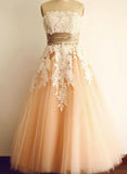 tmallworld Pearl Pink Tulle Strapless Sleeveless Ankle-Length Tulle Prom Dress with Appliques, Charming Tulle Gowns