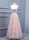 tmallworld Tulle Pearl Pink Tulle V Back Long Elegant Party Dress, Pink Party Dress, Bridesmaid Dress