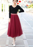 themeisles Wine Red Tulle Long Skirt, Women Tulle Skirts, Fashionable Women Skirts