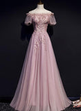 tmallworld Unique Pink Off Shoulder with Lace Long Party Dress, Prom Gown