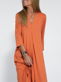 themeisles Long Sleeves Loose Solid Color Split-Side V-Neck Maxi Dresses