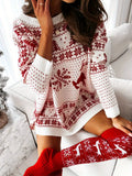 Christmas Holiday Print Sweater Mini Dress, Loose Style Off Shoulder Long Sleeves Pullover Knit Top Dress, Idea for Holiday