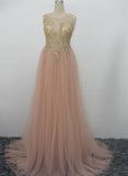 tmallworld Pink Tulle Party Dress with Gold Lace Applique Prom Dress, Pink Party Dresses, Formal Gowns