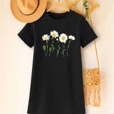 Daisy Print, Girls Casual & Comfy Short Sleeve Crew Neck T-shirt Dress For Spring & Summer, Kids Clothing