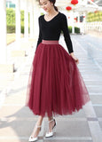 themeisles Wine Red Tulle Long Skirt, Women Tulle Skirts, Fashionable Women Skirts