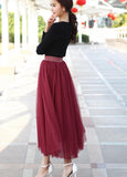 themeisles Wine Red Tulle Long Skirt, Women Tulle Skirts, Fashionable Women Skirts