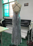 themeisles Beautiful Grey Mermaid Tulle Long Women Dress, Backless Dress