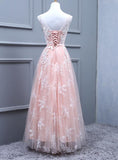 tmallworld Tulle Pearl Pink Tulle V Back Long Elegant Party Dress, Pink Party Dress, Bridesmaid Dress