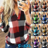 THEMEISLES European and American Foreign Trade Women's Clothing New Wish Hot Sale Spring and Autumn Shirt Plaid Printed V-neck Long Sleeve Top T-shirt