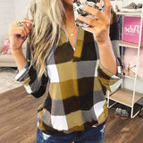 THEMEISLES European and American Foreign Trade Women's Clothing New Wish Hot Sale Spring and Autumn Shirt Plaid Printed V-neck Long Sleeve Top T-shirt