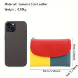 Color Block Genuine Leather Tri-Fold Mini Wallet For Women, Fashionable Casual Coin Purse With Card Slots