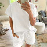 Chic Solid Two-piece Set - Casual Crew Neck Top & Drawstring Shorts Outfit - Comfortable Womens Everyday Wear