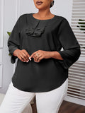 Plus Size Elegant Ruffle Crew Neck 3/4 Sleeve Solid Blouse - Chic Polyester Top for Women - Perfect for Summer, Non-Stretch, Woven, No Printing, Sheer-Free