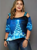 Plus Size Christmas T-shirt, Women's Plus Glitter Christmas Tree Print Cold Shoulder Cut Out Half Sleeve Tee