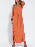 themeisles Long Sleeves Loose Solid Color Split-Side V-Neck Maxi Dresses