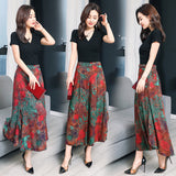 themeisles Plus Size Culottes Cropped Pants Elastic Waist Wide Leg Pants Casual Beach Pants Flower Pants Middle-Aged Women's Pants Wide Leg Pants Summer