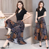 themeisles Plus Size Culottes Cropped Pants Elastic Waist Wide Leg Pants Casual Beach Pants Flower Pants Middle-Aged Women's Pants Wide Leg Pants Summer