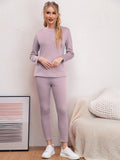 2Pcs Solid Color Thermal Underwear Set, Round Neck Long Sleeves Based Layer Warm Top & Bottom Leggings, Women's Activewear