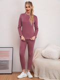 2Pcs Solid Color Thermal Underwear Set, Round Neck Long Sleeves Based Layer Warm Top & Bottom Leggings, Women's Activewear