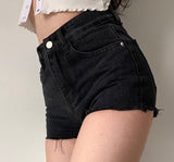 themeisles - Frayed High Waist Denim Shorts