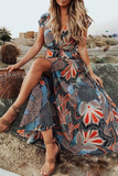 themeisles Casual Print Patchwork V Neck Cake Skirt Dresses