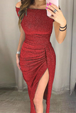 themeisles Fashion Elegant Solid Slit Sequined Off the Shoulder Wrapped Skirt Dresses