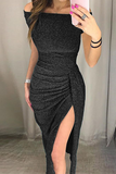 themeisles Fashion Elegant Solid Slit Sequined Off the Shoulder Wrapped Skirt Dresses