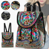 Women's Elegant Floral Embroidered Backpack - Chic Canvas Design - Versatile Flap Bookbag for Fashionable Travel & Daily Use