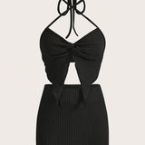 Chic Y2K Two-Piece Skirt Set - Flattering Slim Fit Twist Halter Crop Top & Soft Ribbed High Waist Skirt Outfit for Women