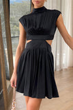 themeisles Sweet Elegant Solid Ripped Mandarin Collar Waist Skirt Dresses