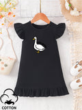 Cute Cartoon Goose Graphic Print Pencil Dress for Girls - Ruffle Trim, Slight Stretch, Regular Fit, Cotton Material, Geometric Pattern, Perfect for Spring & Summer, Ideal Gift