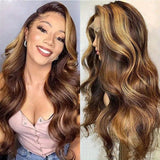 200% Density Body Wave Human Hair Wigs 4/27 Honey Blonde Ombre - Pre-Plucked 13x4 HD Transparent Lace Front Naturally Flattering for Women