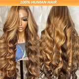 200% Density Body Wave Human Hair Wigs 4/27 Honey Blonde Ombre - Pre-Plucked 13x4 HD Transparent Lace Front Naturally Flattering for Women