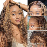 250% Density 13x4 Water Wave Lace Front Wigs - Honey Blonde P4/27 Hd Lace Frontal with Baby Hair, Pre-Plucked, Glueless, Deep Curly, Natural Looking Wigs for African Women - 28, 30, 32, 34 Inch Length Options