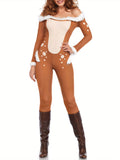 Festive Reindeer Off-Shoulder Jumpsuit with Fuzzy Trim - Long Sleeve, Bodycon Cosplay Costume for Women, Perfect for Christmas Parties & Holiday Celebrations