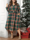 Christmas Women Shirt Dress, Long Sleeve Turn-down Collar Plaid Dress Loose Long Dress with Belt