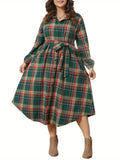 Christmas Women Shirt Dress, Long Sleeve Turn-down Collar Plaid Dress Loose Long Dress with Belt