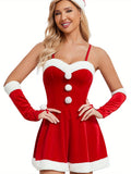 Sleeveless Women's Christmas Santa Clause Costume Outfit Casual Swing Dress with Xmas Gloves and Hat