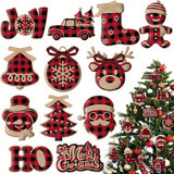 24Pieces Christmas Buffalo Plaid Hanging Ornaments Christmas Tree Wooden Hanging Decor Wooden Christmas Ornaments Snowflake Reindeer Snowman Plaid Christmas Decor, 12 Styles (Black Red)