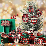 24Pieces Christmas Buffalo Plaid Hanging Ornaments Christmas Tree Wooden Hanging Decor Wooden Christmas Ornaments Snowflake Reindeer Snowman Plaid Christmas Decor, 12 Styles (Black Red)