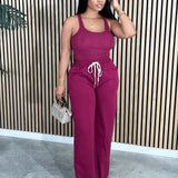 Chic Solid Two-piece Set - Flattering U-Neck Tank & Drawstring Pants Outfit - Womens Casual Everyday Wear