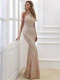 Glittering Sequin Halter Tassel Dress - Glamorous Evening Gown for Parties & Banquets - Flawless Mermaid Hem, Fashion-Forward Design for Stylish Women